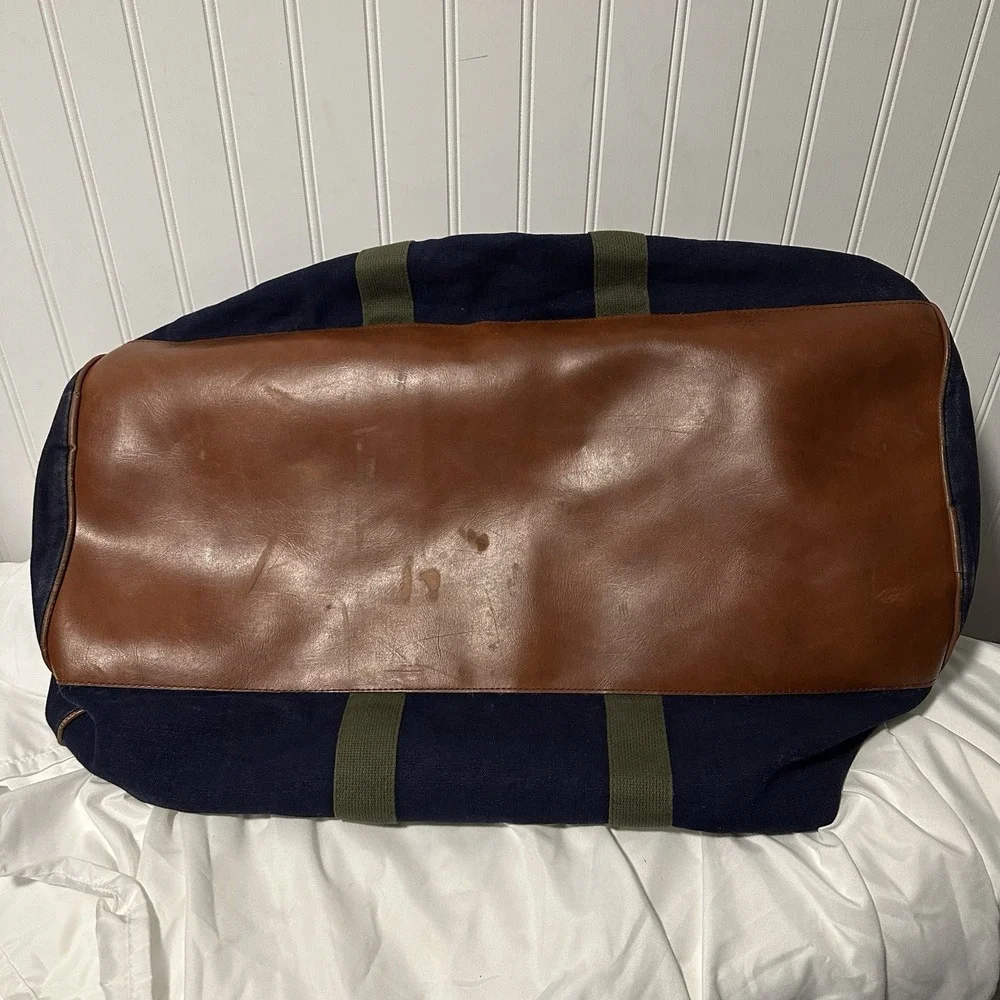 Vintage 80s/90s LL Bean Crinkle Tag‎ Blue Canvas And Brown Leather Tote Bag